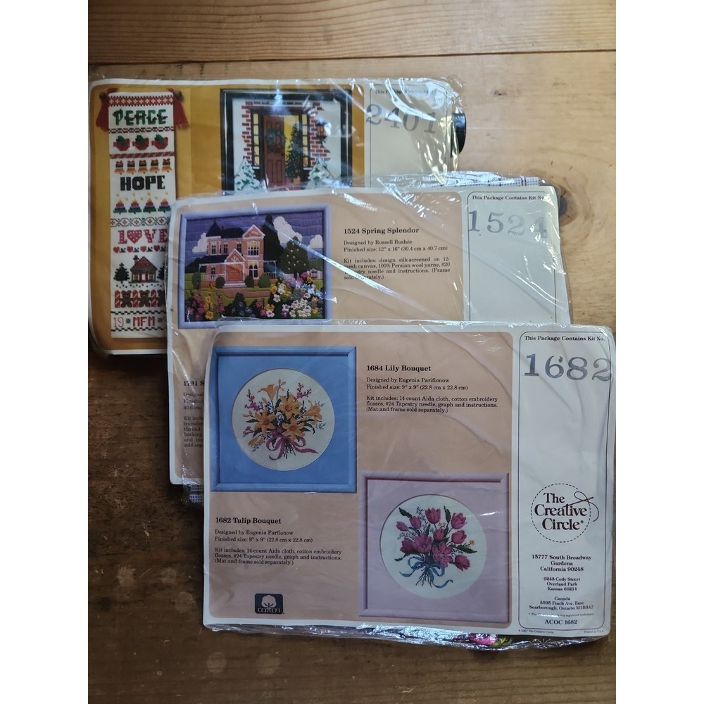 Set Of 3 VTG The Creative Circle Needlpoint Kits, Mid-1980s. 2 New, 1 Opened
